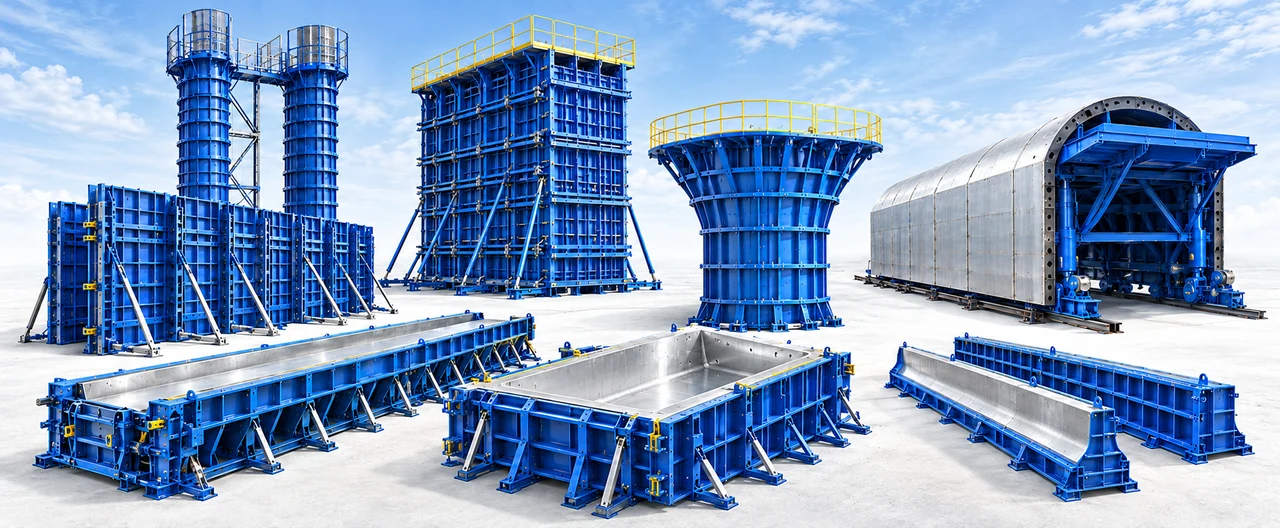 AI-assisted Xinhang product illustration featuring column, pier, flat, beam, barrier and tunnel lining formwork; final structures depend on project drawings.