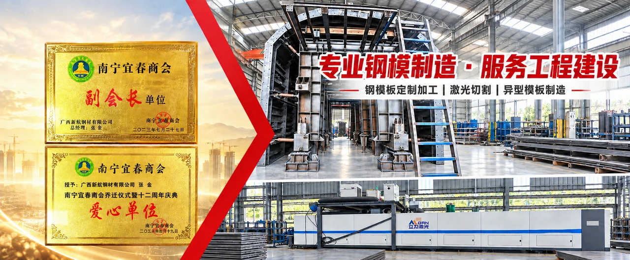 AI-assisted Xinhang promotional montage with association plaques, custom formwork and laser equipment.